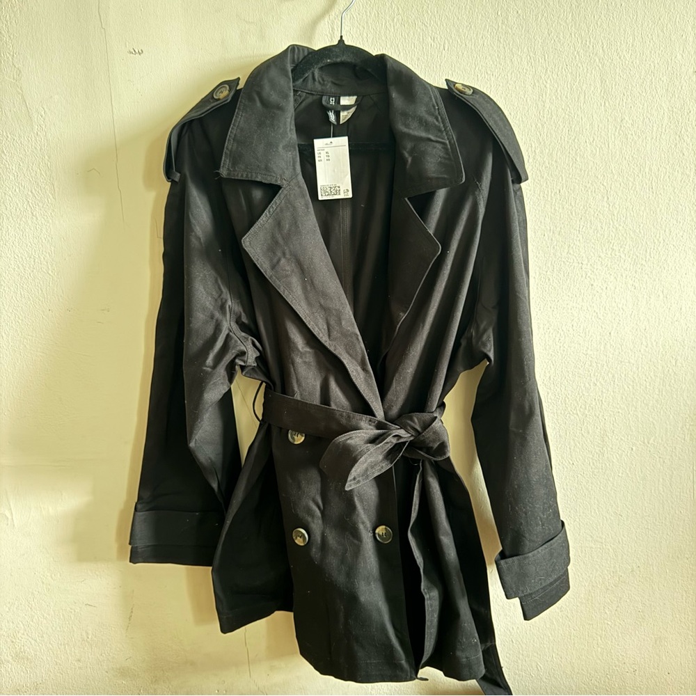 H & M Black Double Breasted Twill Trench JacketCoat Belted Street Style Chic XL - Picture 5 of 7